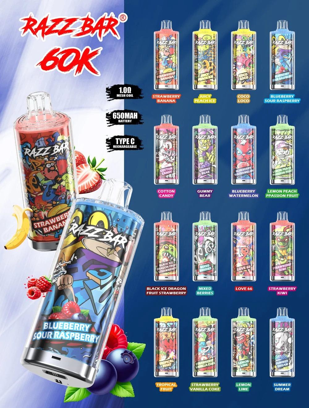 Razz Bar 60K Puffs 2% 5% Nicotine Disposable Vape Wholesale 3