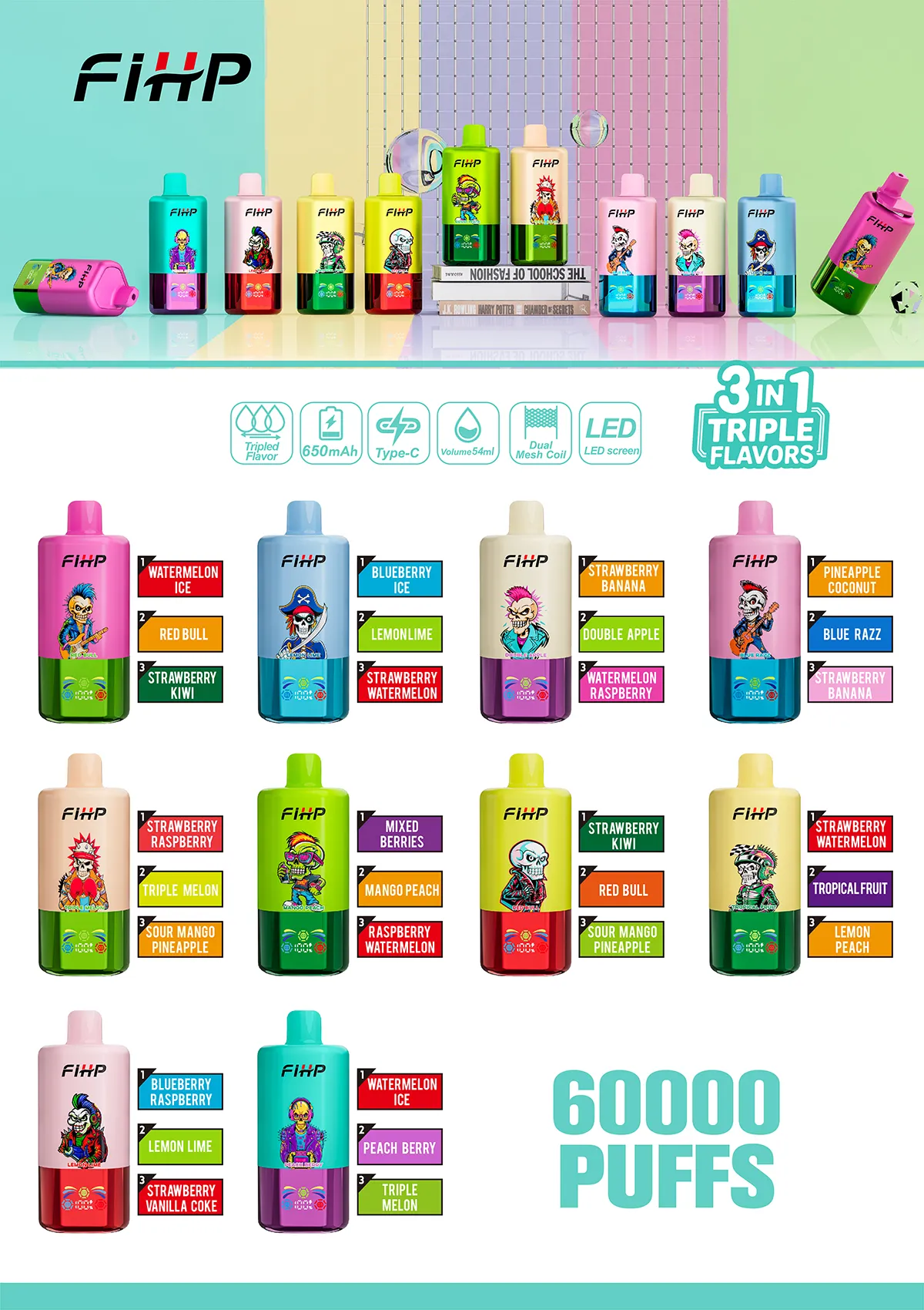 FIHP 60000 3 in 1 60K Puffs Triple Flavors Vape Wholesale 54ml Capacity Dual Mesh Coils FIHP 60000 3 in 1 60K Puffs Triple Flavors Vape Wholesale 54ml Capacity Dual Mesh Coils