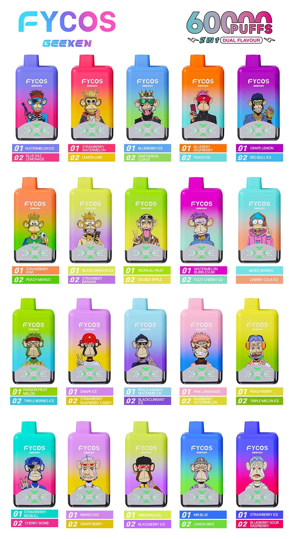 FYCOS Geexen 60000 Puffs 2 in 1 Disposable Vape Wholesale 20 Flavors 850mAh Battery 50ml Capacity LED Display