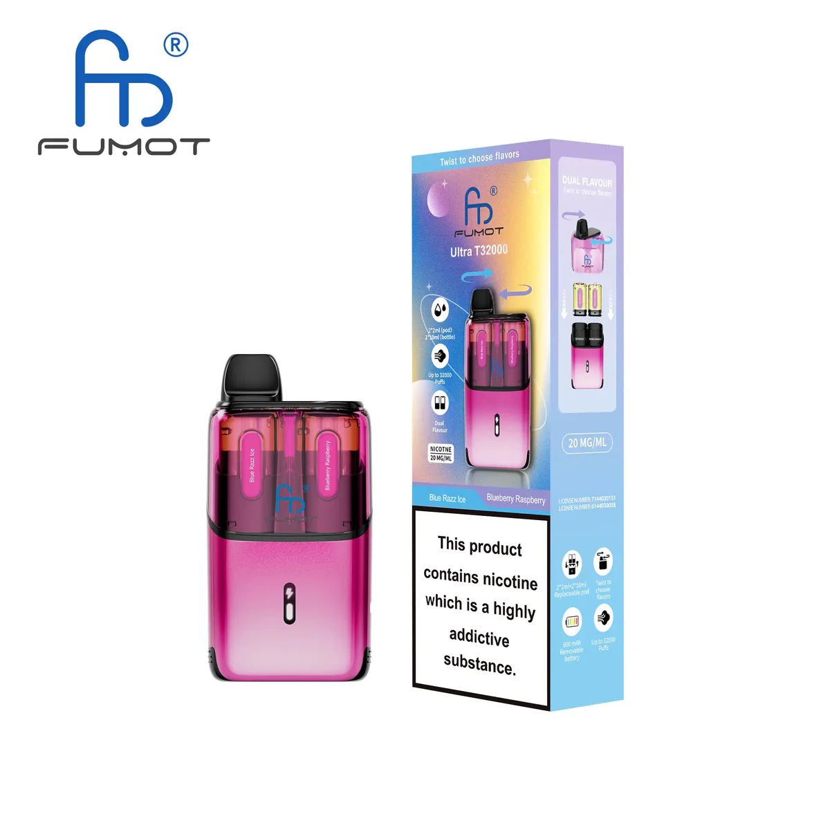 Fumot Ultra T32000 Disposable Vape 32K Puffs Dual Pod Kit Blue Razz Ice & Blueberry Raspberry