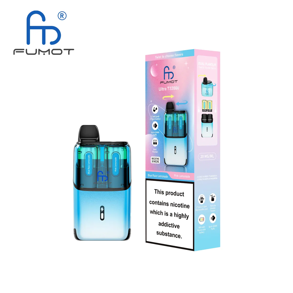 Fumot Ultra T32000 Disposable Vape 32K Puffs Dual Pod Kit Blue Razz Lemonade & Pink Lemonade