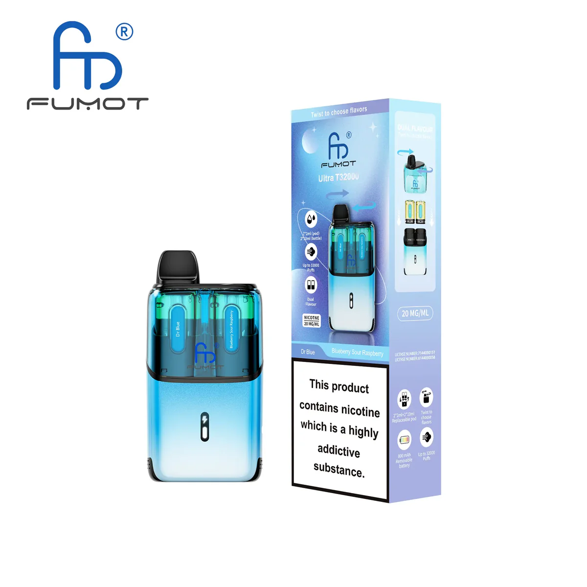 Fumot Ultra T32000 Disposable Vape 32K Puffs Dual Pod Kit Dr Blue & Blueberry Sour Raspberry