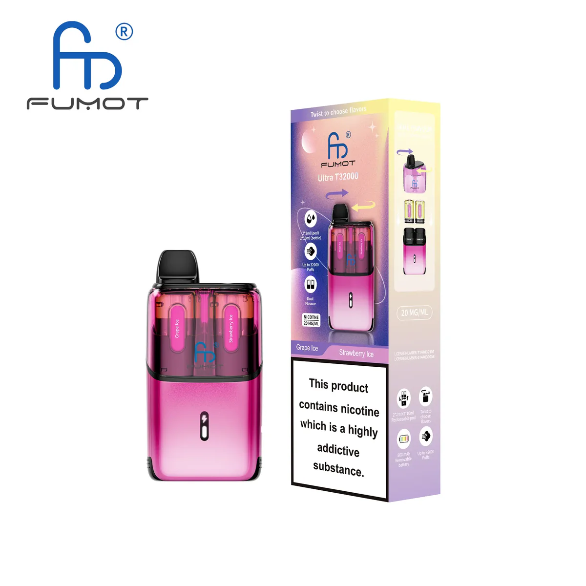 Fumot Ultra T32000 Disposable Vape 32K Puffs Dual Pod Kit Grape Ice & Strawberry Ice