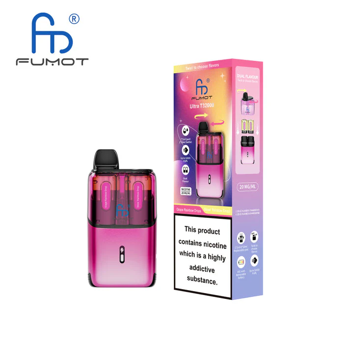 Fumot Ultra T32000 Disposable Vape 32K Puffs Dual Pod Kit Grape Rainbow Drops & Straw' Rainbow Drops