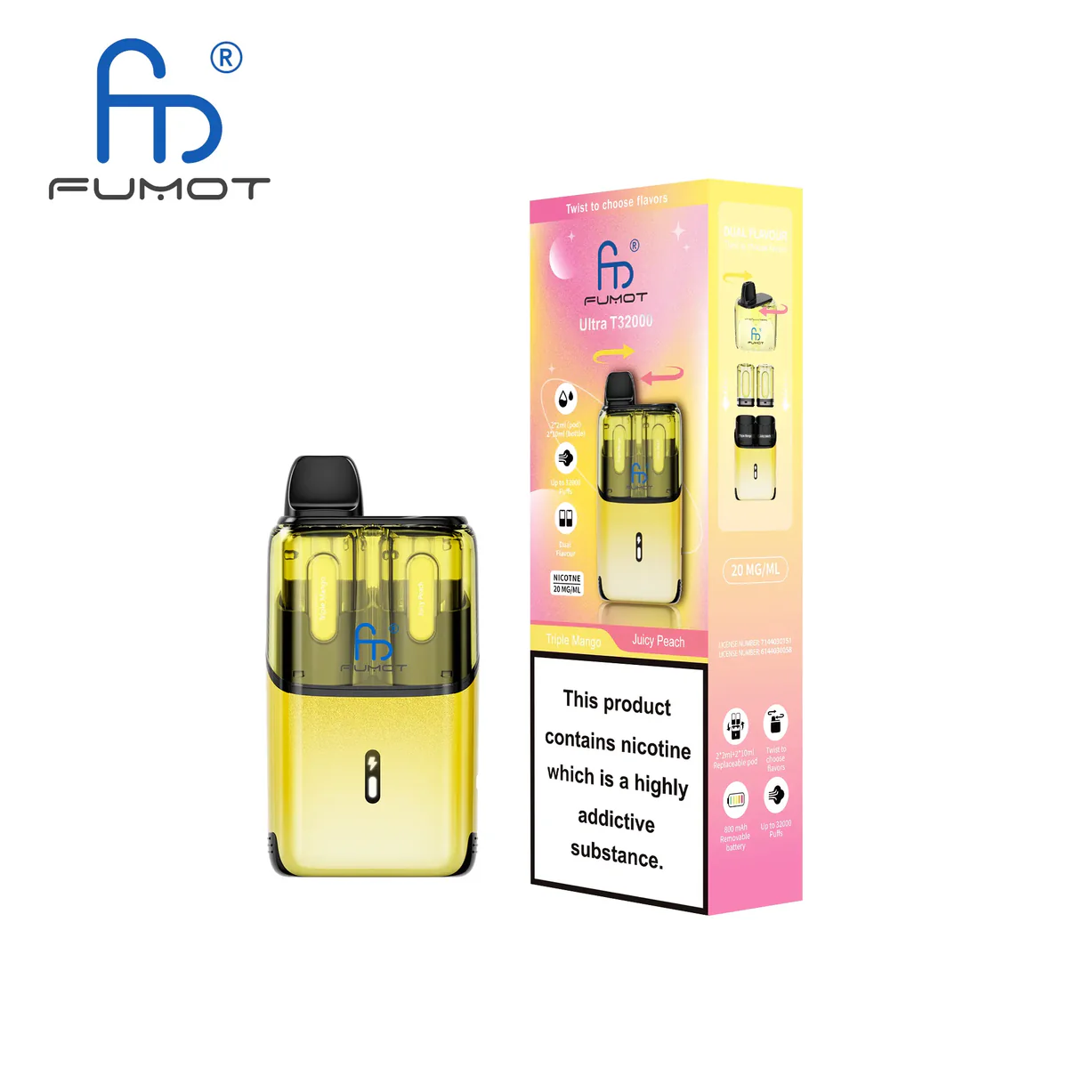 Fumot Ultra T32000 Disposable Vape 32K Puffs Dual Pod Kit Triple Mango & Juicy Peach