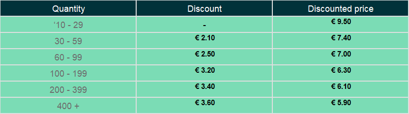 Quantity on Black background Price on Green background VDW