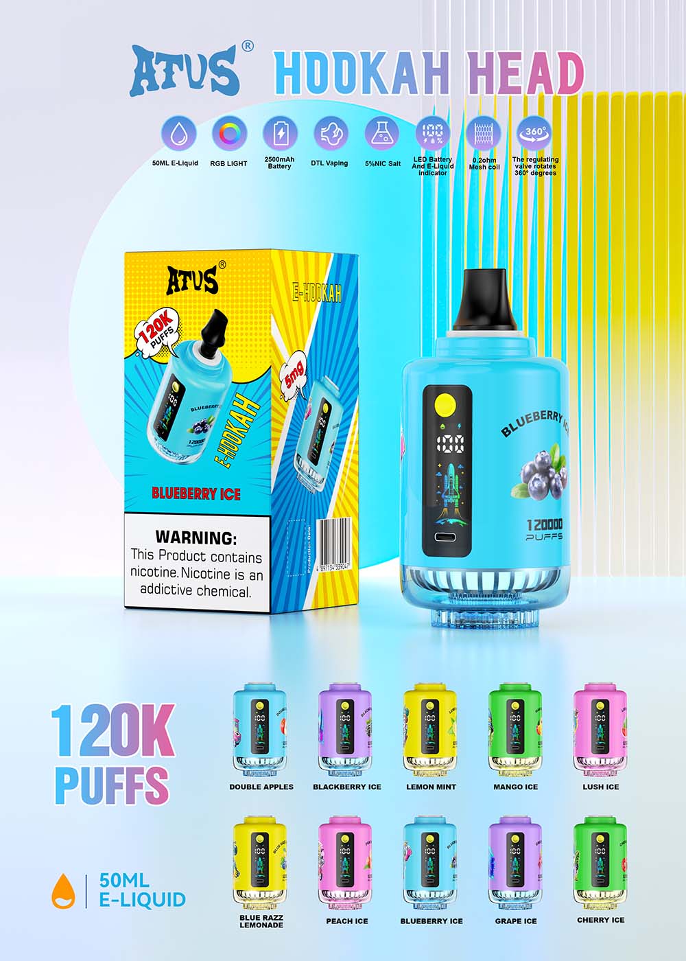 ATVS 120K 120000 Puffs Shisha Hookah Vape Wholesale 10 Flavors Hookah Style Vape 360° Rotary Regulating Valve