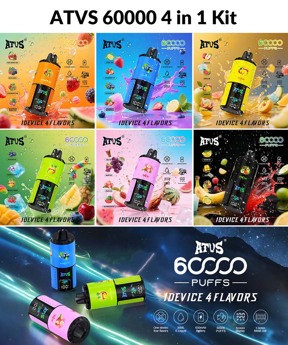 ATVS 4 in 1 60K Puffs Four Flavors Vape Disposable Wholesale 4 Flavors in One Device LED Display 4 x 1 0ohm Mesh Coil