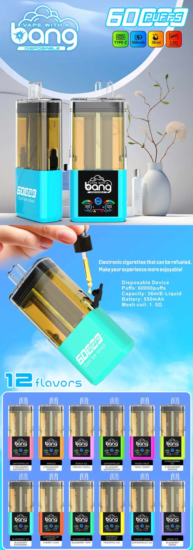 Bang 60000 2 in 1 60K Puffs Refillable Oil Vape Wholesale Transparent E liquid Tank 36ml Capacity Refillable Disposable Vape Bang 60000 2 in 1 60K Puffs Refillable Oil Vape Wholesale Transparent E liquid Tank 36ml Capacity Refillable Disposable Vape