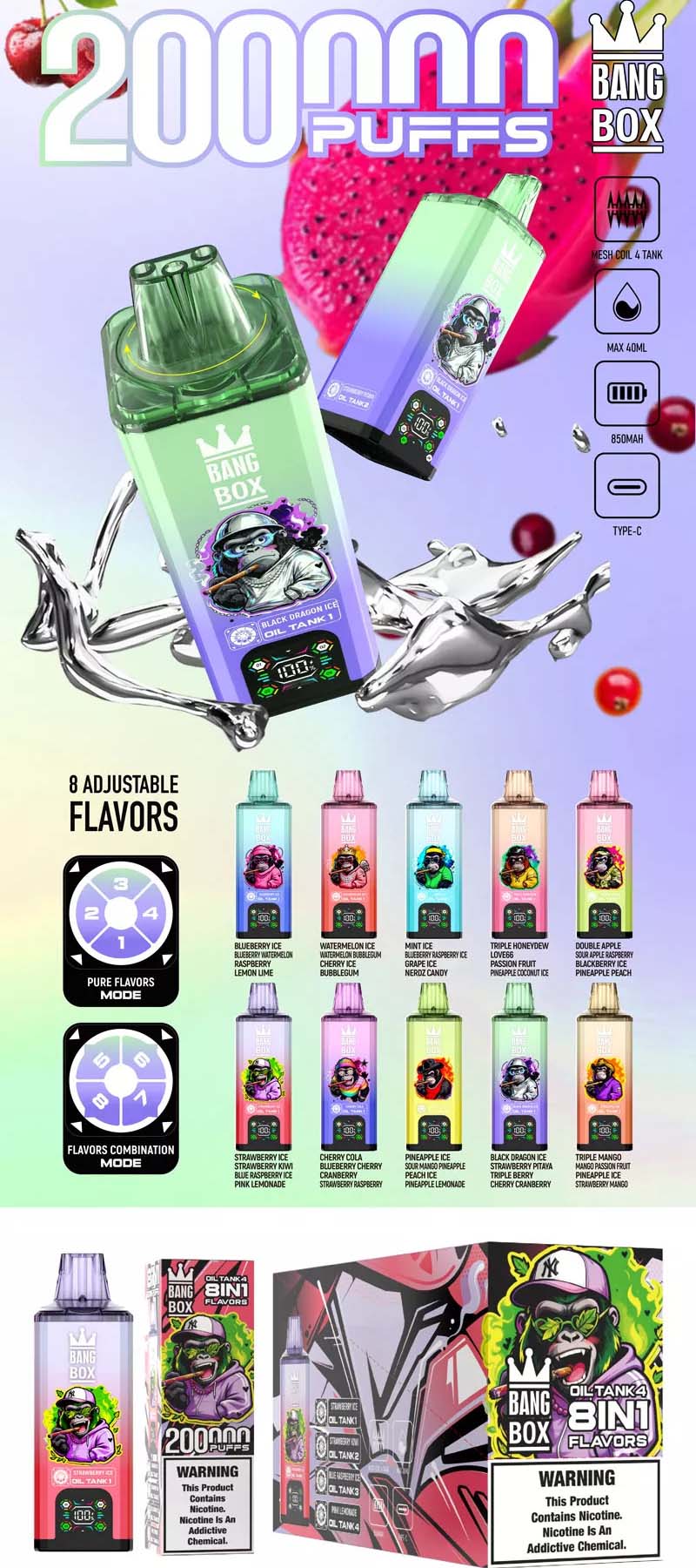 Bang Box 200K 8 in 1 200000 Puffs 8 Flavor Vape Wholesale 8 Flavors in One Device 100ml Capacity