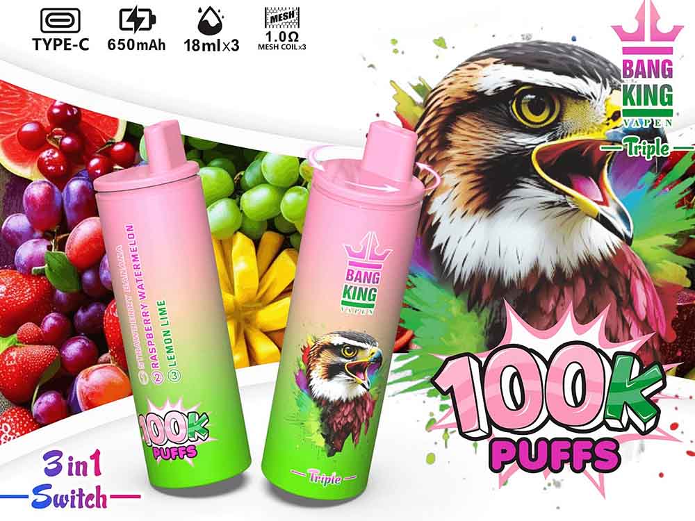 Bang King Triple 100K 3 in 1 100000 Puffs Vape Wholesale 3 Flavors in One Device 3 x 18ml Capacity 650mAh Battery