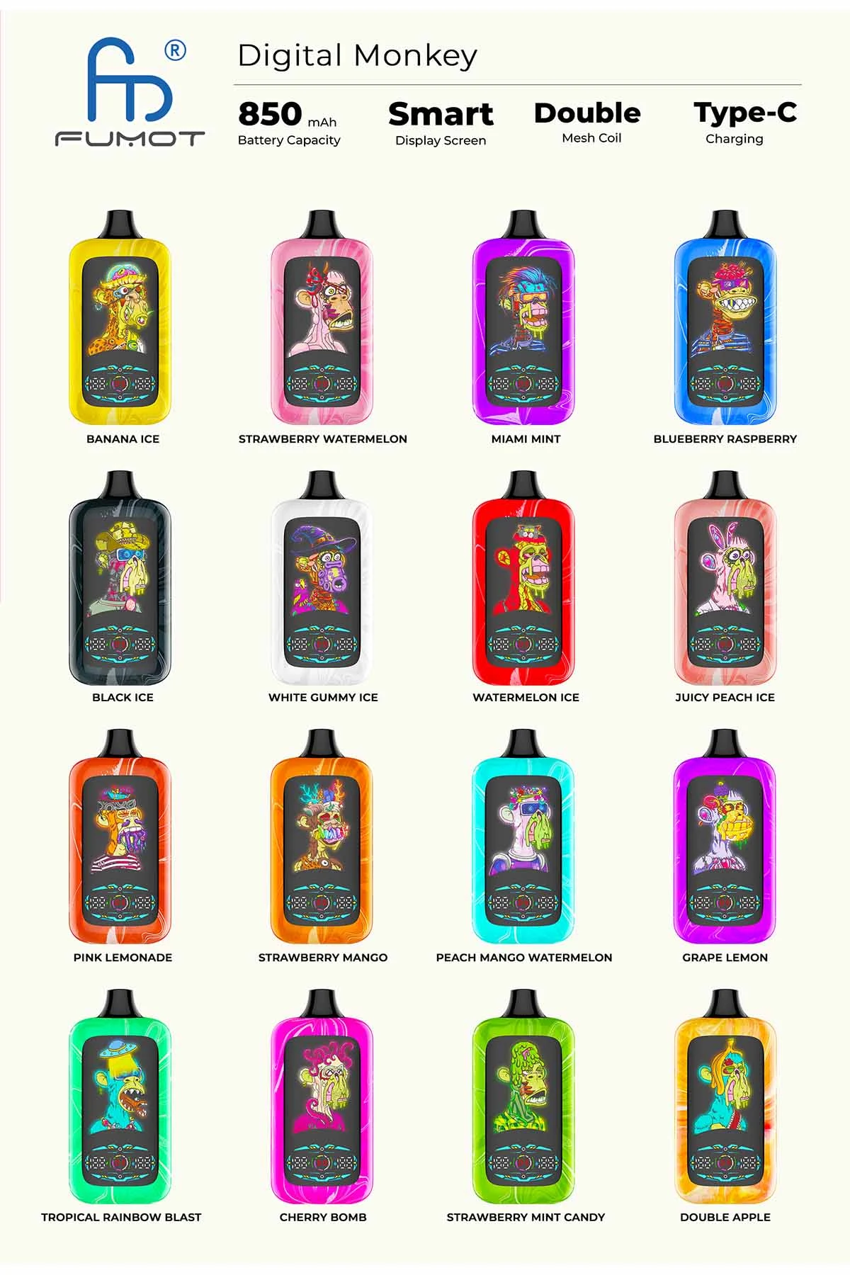 Fumot Digital Monkey 40K 40000 Puffs Vape Wholesale 16 Flavors Two Vaping Modes 850mAh Battery LED Display