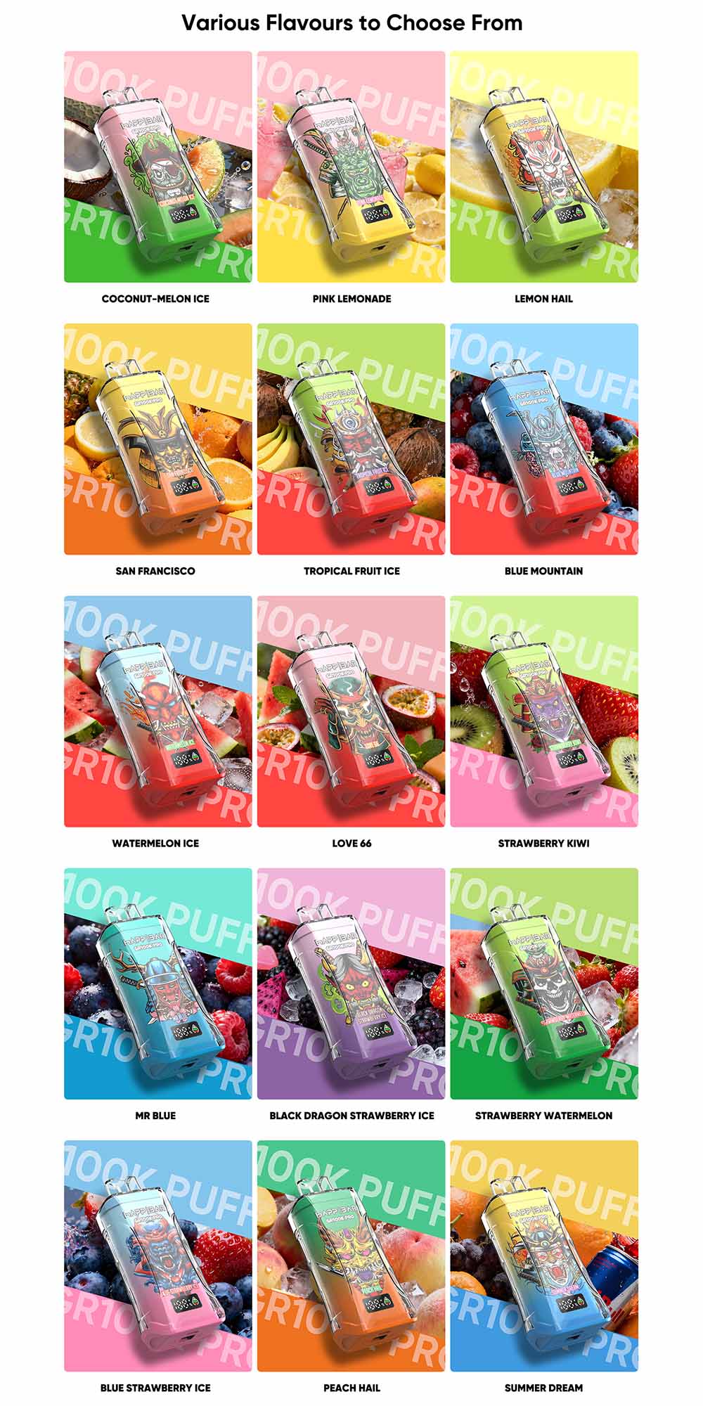 Happ Bar GR100K Pro 100000 Puffs Disposable Vape Wholesale 15 Flavors 0 1ohm Mesh Coil 56ml E liquid