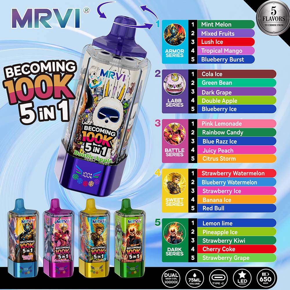 MRVI Becoming 100K Puffs 5 in 1 Disposable Vape Wholesale Five Flavors in One Device 75ml Capacity LED Display