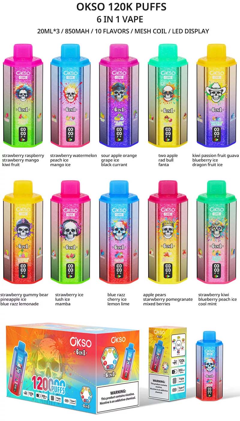 OKSO 120K 6 in 1 120000 Puffs 6 Flavor Vape Wholesale 850mAh Battery 3x20ml Capacity Triple Mesh Coil