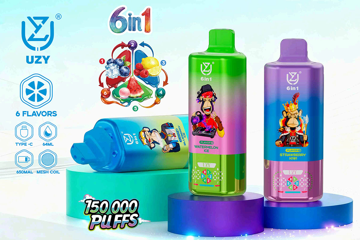 UZY 6 in 1 150K 150000 Puffs Six Flavors Vape Wholesale 6 Flavors in One Device 64ml Capacity Quad Mesh Coil