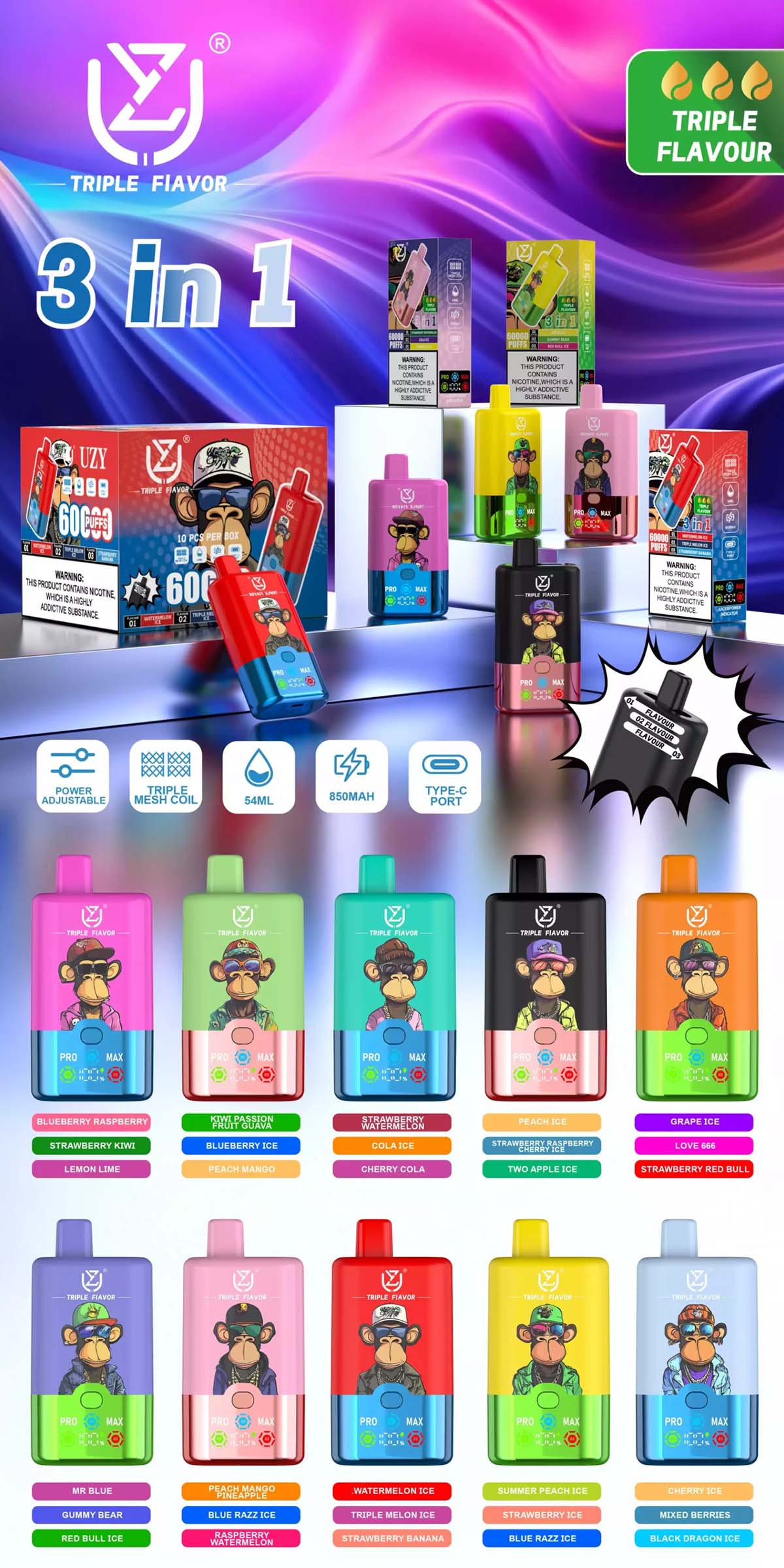 UZY 60K 3 in 1 60000 Puffs Triple Flavors Vape Wholesale Three Flavors in One Device Triple Mesh Coil 54ml Capacity