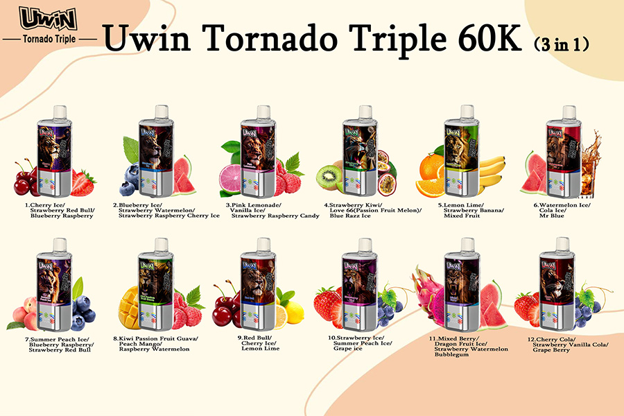 Uwin Tornado Triple 60000 60K Puffs 3 in 1 Vape Wholesale Three Flavors in One Device 3 x 12ml Capacity Four Nicotine Strength