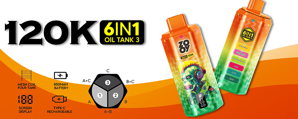 Zooy 120K 6 in 1 120000 Puffs 6 Flavors Vape Wholesale Triple 0 8Ω Mesh Coil Three Oil Tank