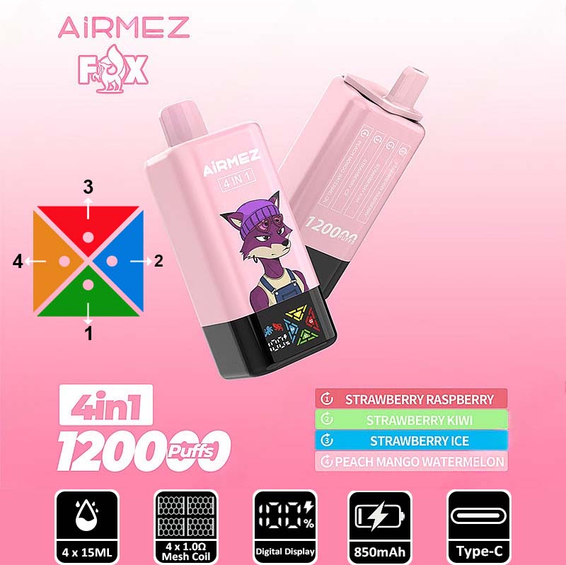 1 Strawberry Raspberry Airmez Fox 120 4 in 1 120000 Puffs 4 Flavor Vape Wholesale