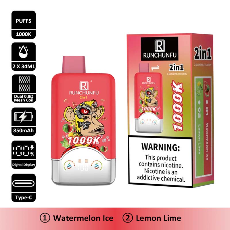 1 Watermelon Ice RUNCHUNFU 1000K 2 in 1 1000000 Puffs Vape Wholesale