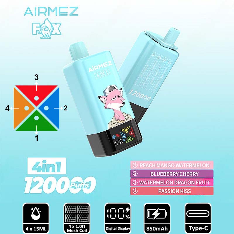 10 Peach Mango Watermelon Airmez Fox 120 4 in 1 120000 Puffs 4 Flavor Vape Wholesale