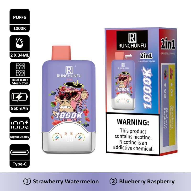 2 Strawberry Watermelon RUNCHUNFU 1000K 2 in 1 1000000 Puffs Vape Wholesale