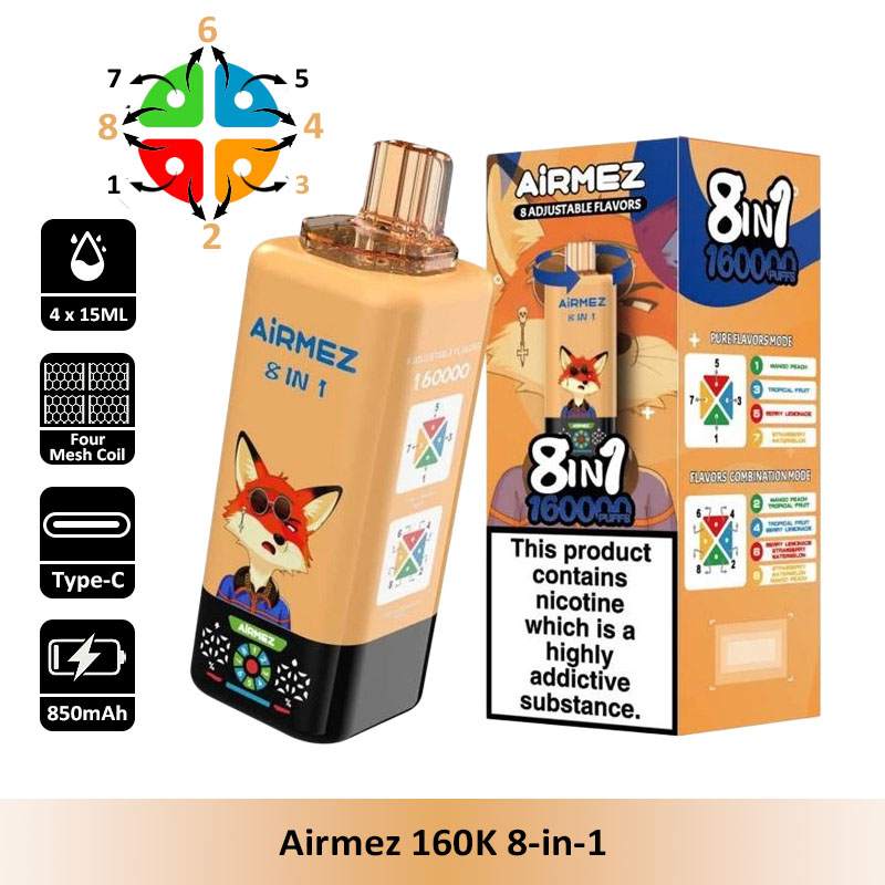Airmez 160K 8 in 1 160000 Puffs Disposable Vape Wholesale Eight Flavors in Once Device 4 x 15ml Capacity 850mAh Battery