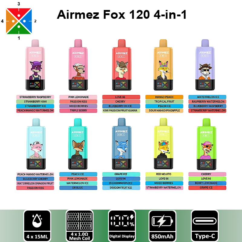 Airmez Fox 120 4 in 1 120000 Puffs 4 Flavor Vape Wholesale Four Flavors in One Device 850mAh Battery 4 x 0 1Ω Mesh Coils Airmez Fox 120 4 in 1 120000 Puffs 4 Flavor Vape Wholesale Four Flavors in One Device 850mAh Battery 4 x 0 1Ω Mesh Coils