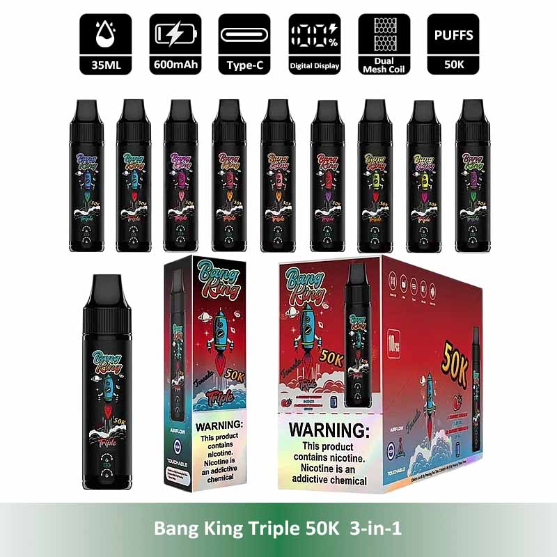 Bang King Triple 50K 50000 Puffs 3 in 1 Disposable Vape Wholesale Dual Mesh Coil Smart Led Display Triple Flavors Vape