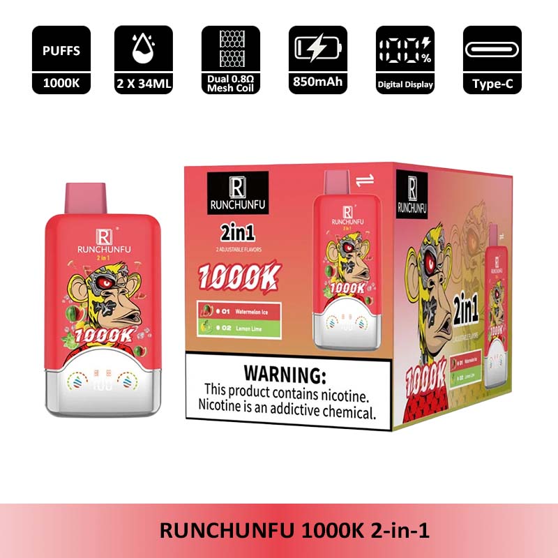 RUNCHUNFU 1000K 2 in 1 1000000 Puffs Vape Wholesale 68ml Capacity Two Flavors in One Device Double Mesh Coils RUNCHUNFU 1000K 2 in 1 1000000 Puffs Vape Wholesale 68ml Capacity Two Flavors in One Device Double Mesh Coils