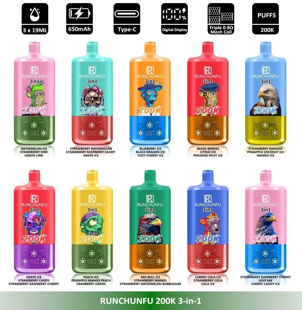 RUNCHUNFU 200K 3 in 1 200000 Puffs 3 Flavor Vape Wholesale Three Flavors in One Device 3 x 19ml Capacity Triple 0 8Ω Mesh Coils