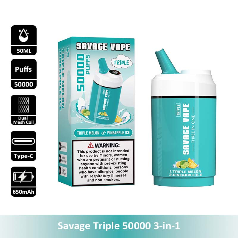 Savage Triple 50000 3 in 1 50K Puffs Vape Wholesale Three Flavors in One Device 650mAh Battery 50ml Capacity Smart LED Display