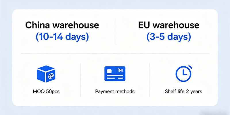 Fizzy wholesale logistics China and EU warehouses MOQ 50 units shipping times