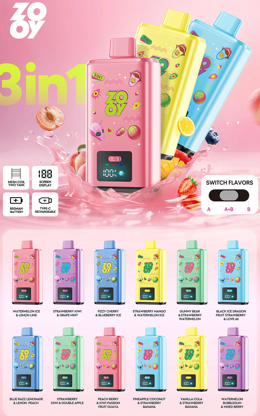 Zooy 3in1 150K Puffs Triple Flavor Disposable Vape Wholesale 1