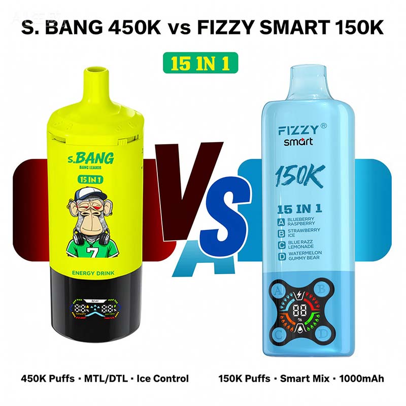 Bang Leader 450K vs Fizzy Smart 150K side by side comparison 450000 puffs vs 150000 puffs 15 in 1 disposable vapes