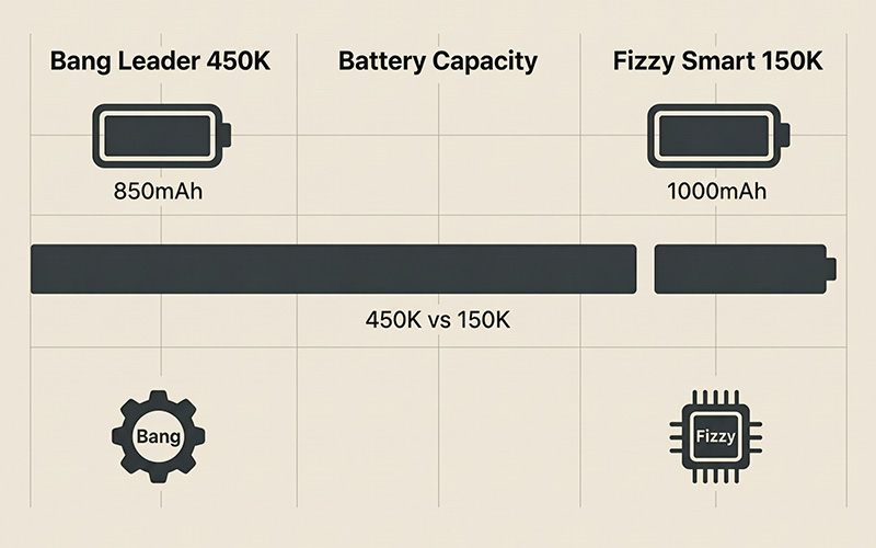 Bang Leader 450K vs Fizzy Smart 150K specs comparison chart puff count battery flavor mechanism Bang Leader 450K vs Fizzy Smart 150K specs comparison chart puff count battery flavor mechanism